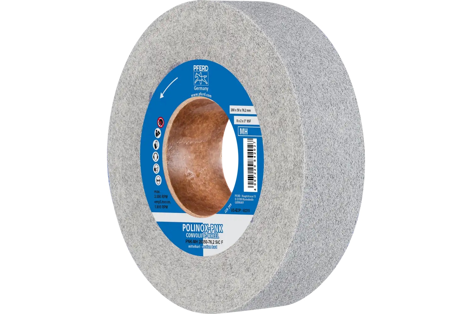 Picture of Pferd Polinox® Convolute Wheel, 8" X 2 X 3, Fine, Medium-Hard, 8Sf, Silicon Carbide
